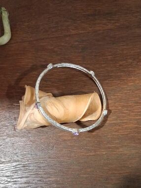 Hammered Silver-Tone Bangle with Purple Accent Stones - Women Jewelry Bracelet